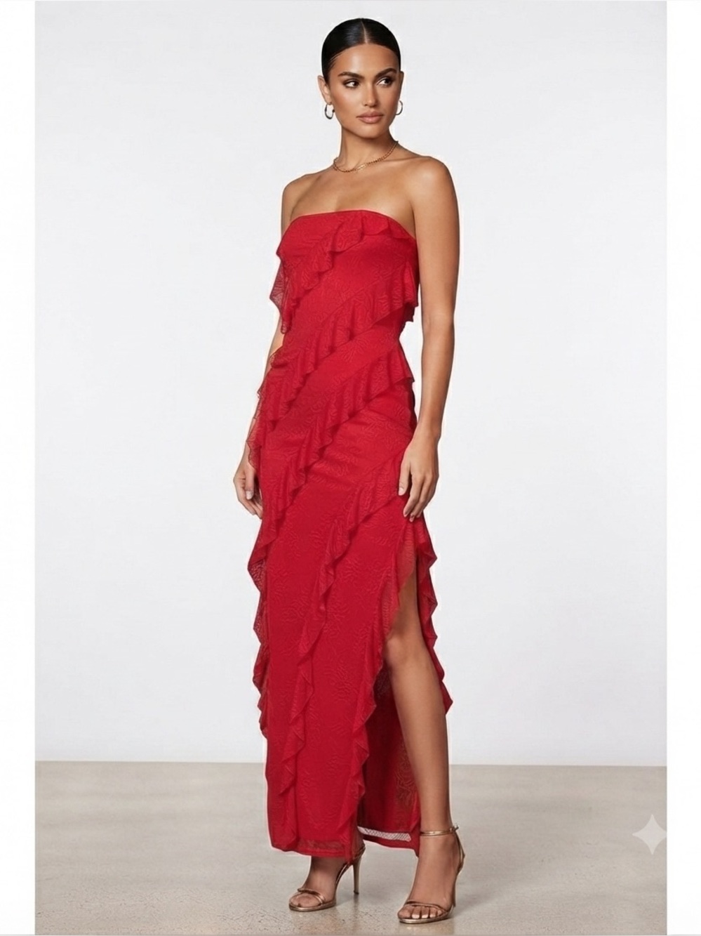 Bläshe Los Angeles Red Strapless Ruffled Maxi Dress High Slit Size Large NWT